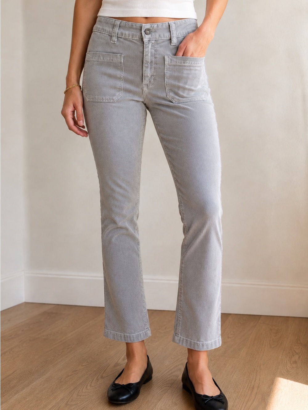 Free People High Times Kick Flair Light Gray Fitted Corduroy Pants - Size 6